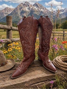 Women's Brown Embroidered Western Heeled Boots